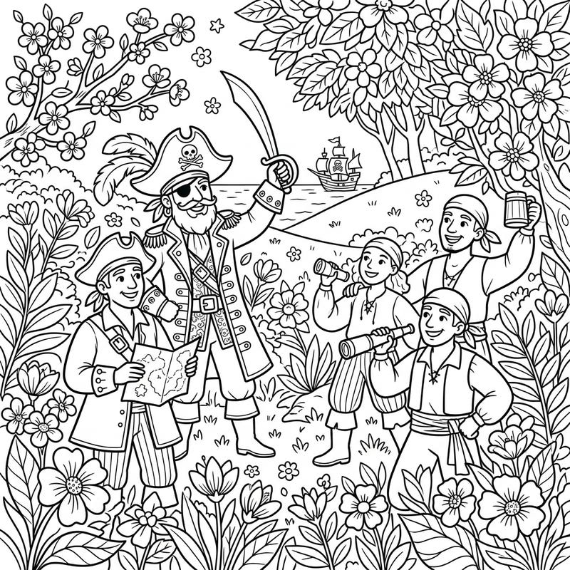 Set sail for creativity with this charming coloring page featuring a lively pirate crew enjoying a beautiful spring day. Discover a scene bursting with blooming flowers and the spirit of adventure, perfect for all ages.
