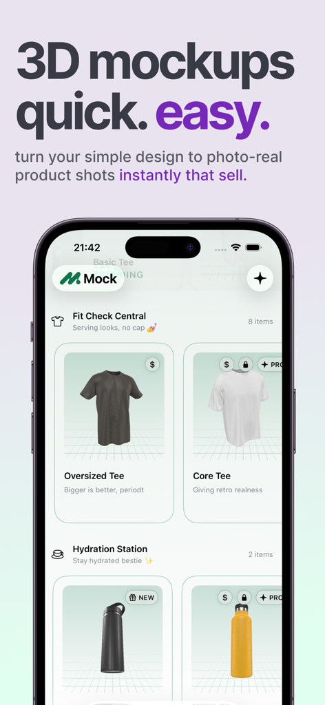 Mock・3D Mockups・Cloth Designer - A smartphone screen displaying the Mock app interface with options for 3D oversized tee and water bottle mockups.