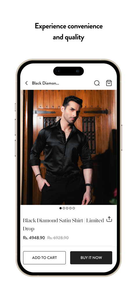 Weave Wardrobe - A product page in the Weave Wardrobe app featuring a black diamond satin shirt from a limited drop.