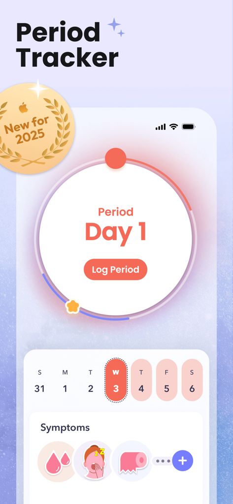 Period Tracker • Ovulation App - Main screen of the period tracker app showing period day 1 and symptom logging options