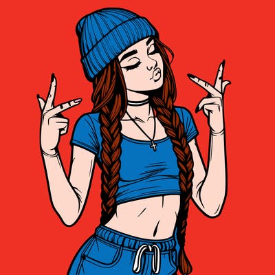 realistic teenage girl with braids and a beanie and crop top doing 🫶🏼