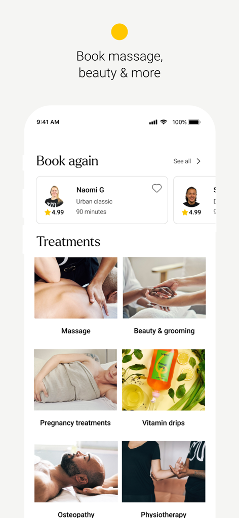 Massage at home | Urban - Urban mobile app screen for booking at home massage and beauty treatments