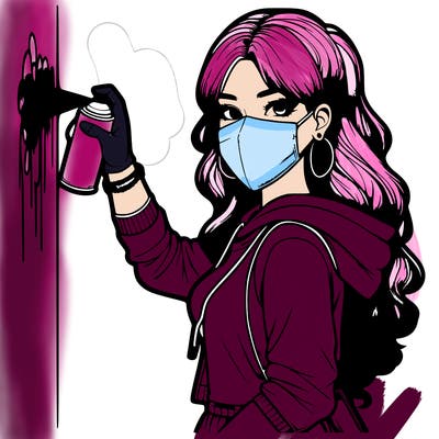 realistic girl with mask spray painting a wall