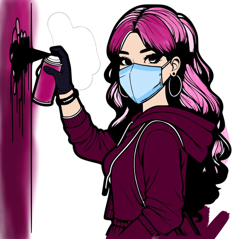 realistic girl with mask spray painting a wall