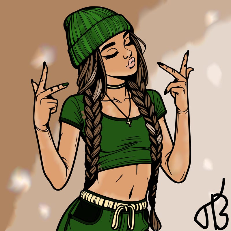 realistic teenage girl with braids and a beanie and crop top doing 🫶🏼