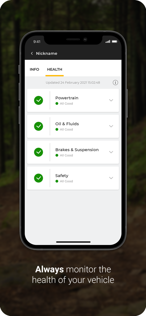 Jeep® - Interface of the Jeep app showing vehicle health status for powertrain oil and brakes
