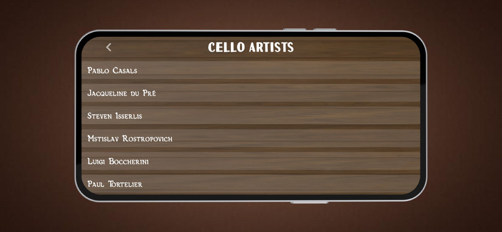 Cello Instrument Tuner - A screen in the Cello Instrument Tuner app listing famous cellists like Pablo Casals and Jacqueline du Pre on a wood background