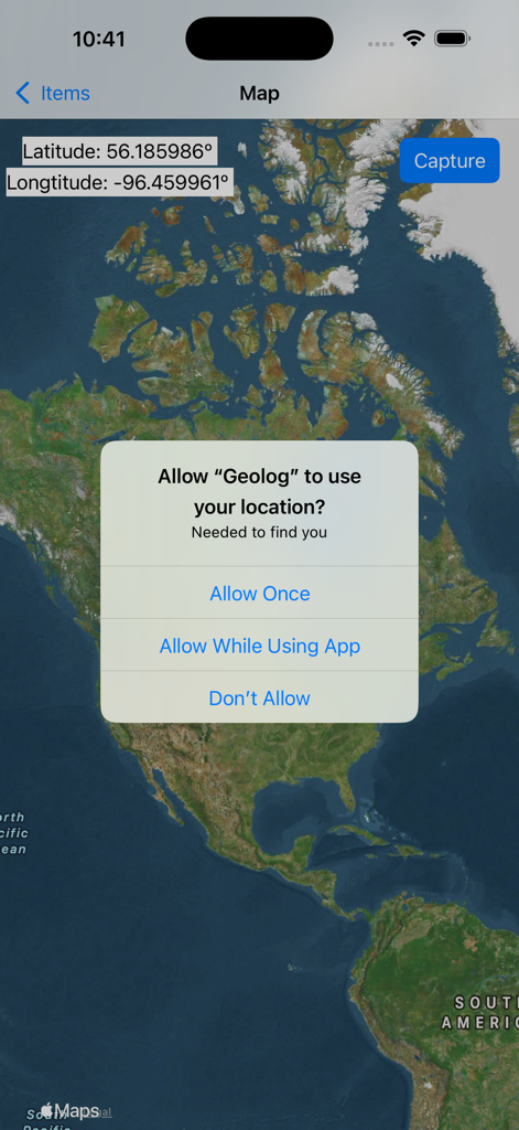 GeoLog - GeoLog app displaying a satellite map and a system prompt asking for location permission.