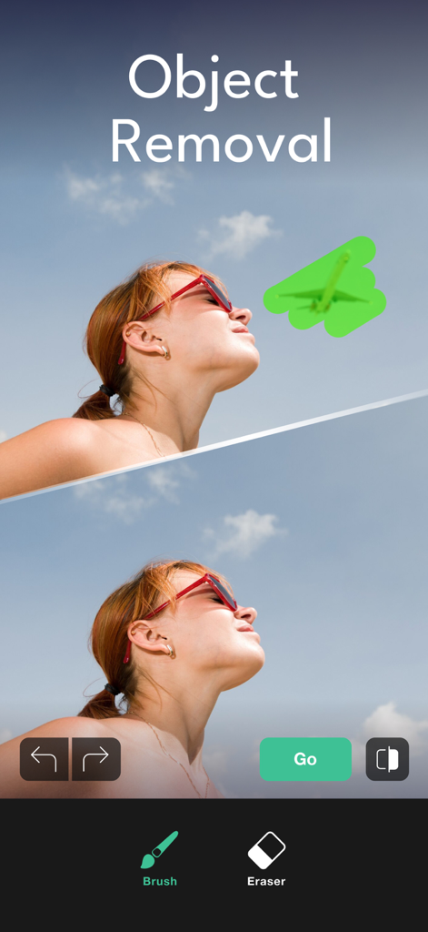 Persona: AI Beauty Editor - Before and after demonstration of the object removal feature in the Persona app showing an airplane being removed from a sky background.