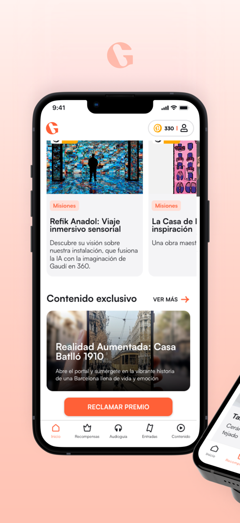 Schermata principale dell'app Gaudi che mostra missioni immersive e contenuti esclusivi di realtà aumentata per Casa Batllo.