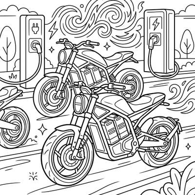 Get ready for an eco-friendly ride with our exciting electric motorcycles coloring page! Kids aged 4-8 will love bringing these modern bikes and their charging stations to life with vibrant colors.
