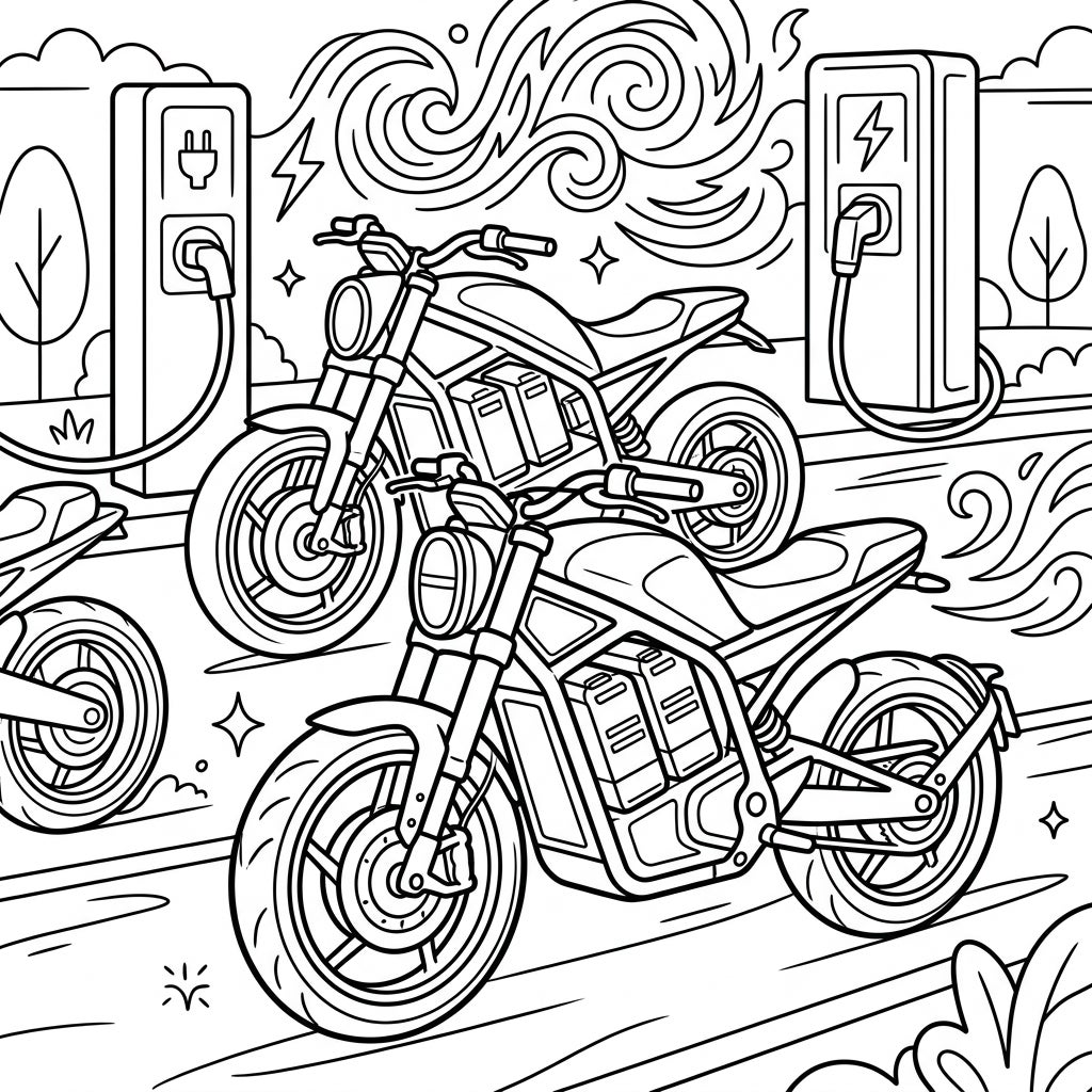 Electric Motorcycles Coloring Page for Kids | Fun & Free