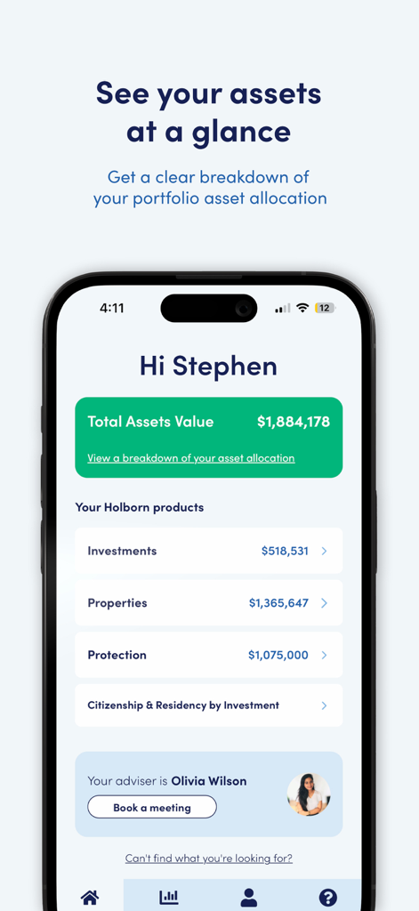 Holborn Assets - Dashboard of the Holborn Assets app showing total assets value and portfolio allocation