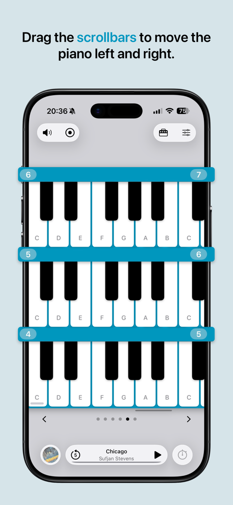 I Love a Piano - Interface of I Love a Piano app showing three layered keyboards with blue scrollbars for navigation.