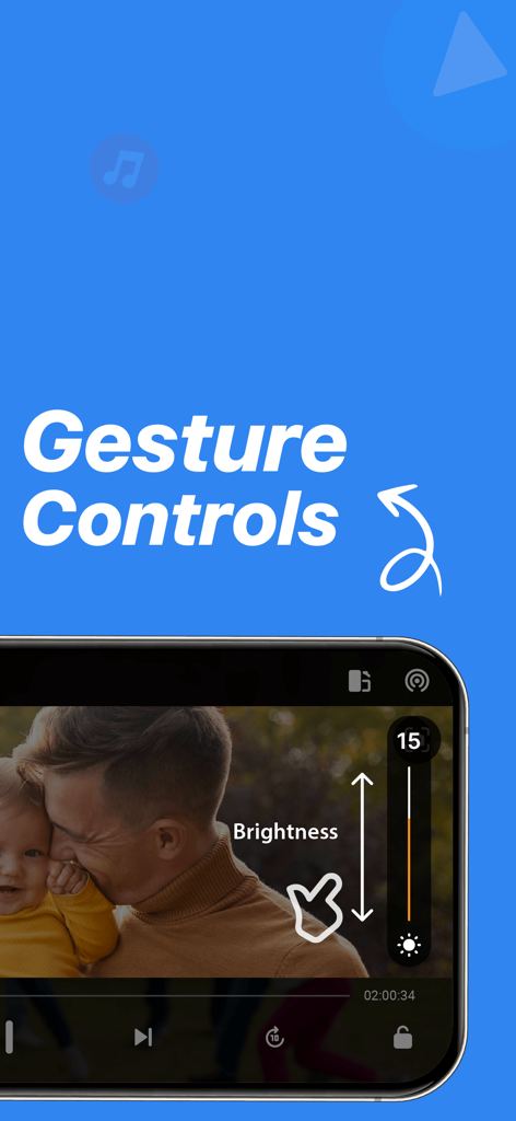 A mobile app interface demonstrating gesture controls to adjust screen brightness while watching a video.