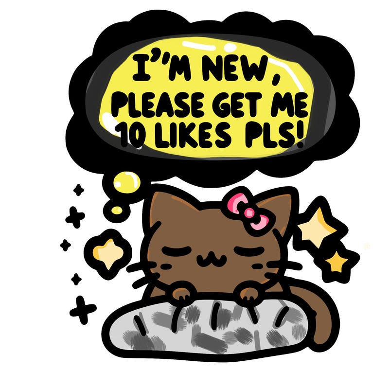 kitty taking a nap dream talking and saying "i'm new, please get me at least 10 likes pls!!"