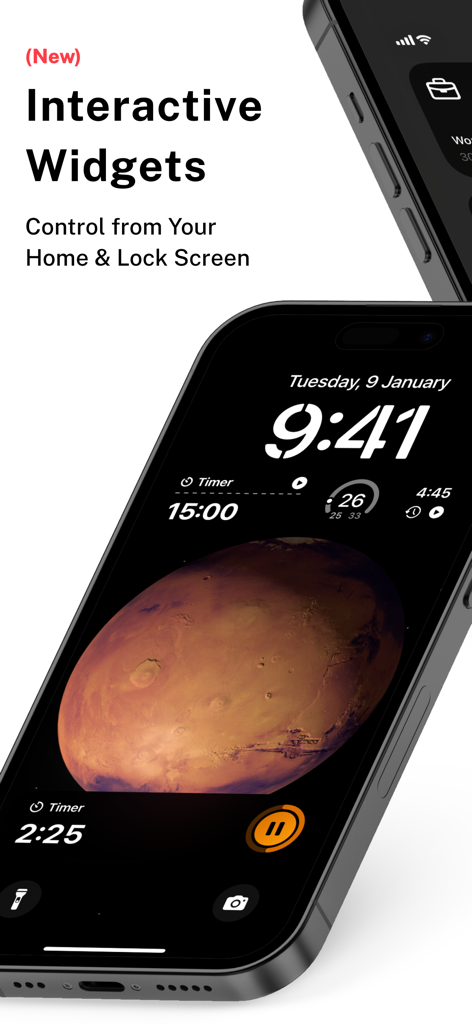 Timeris - Multi Timer Widgets - An iPhone displaying interactive timer widgets and live activities on the iOS lock screen.