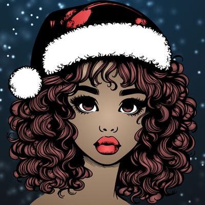 realistic girl with a santa hat curly hair and lips