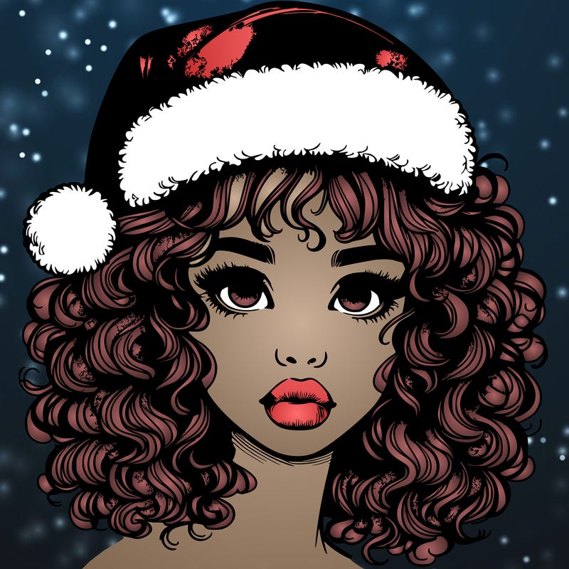 realistic girl with a santa hat curly hair and lips