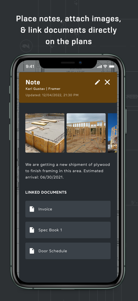 Screenshot of ProPlans app showing how to attach site notes photos and documents directly to construction plans