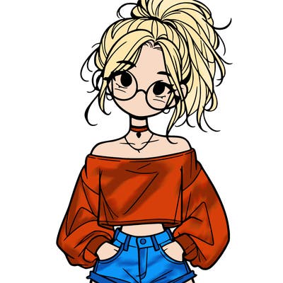 girl with a messy ponytail glasses a baggy crop top and jean shorts