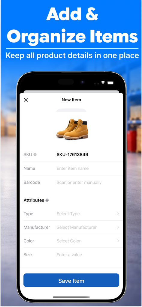 Inventory Tracker - Stock - A mobile interface for adding and organizing new inventory items with details for SKU name and barcode