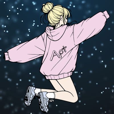 realistic girl jumping with a bun and oversized sweatshirt