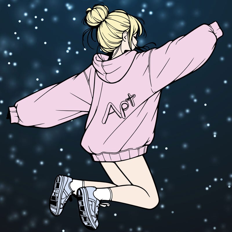 realistic girl jumping with a bun and oversized sweatshirt
