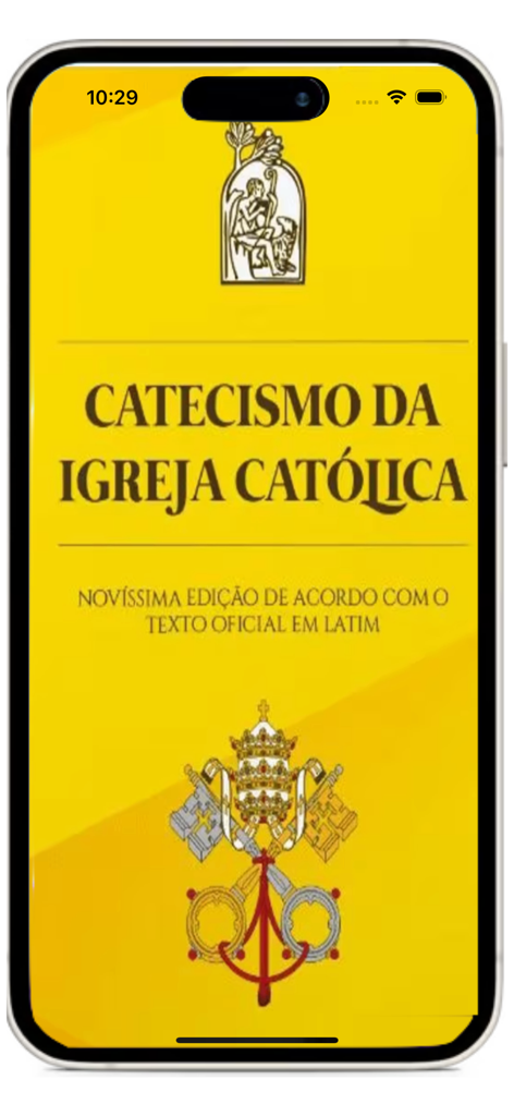 Catecismo da Igreja Católica - 노란색 배경에 제목과 바티칸 문장이 표시된 가톨릭 교회 교리서 앱의 시작 화면