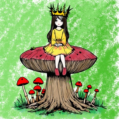realistic girl sitting on a huge tree stump size toadstool with thorn crown