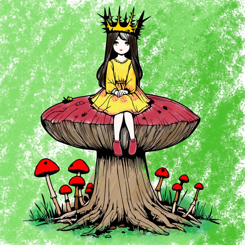 realistic girl sitting on a huge tree stump size toadstool with thorn crown