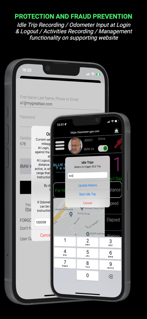 TaxiController Driver - TaxiController Driver app interface showing odometer input and idle trip recording for fraud prevention.