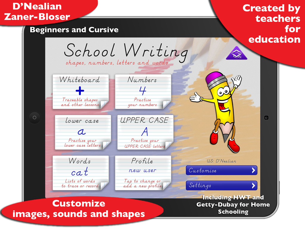 School Writing - learn the abc - Pantalla de inicio de la aplicación School Writing que muestra categorías de práctica de escritura a mano para letras, números y palabras