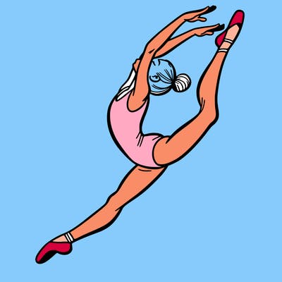 gymnast doing a leap in a leotard with a bent back leg