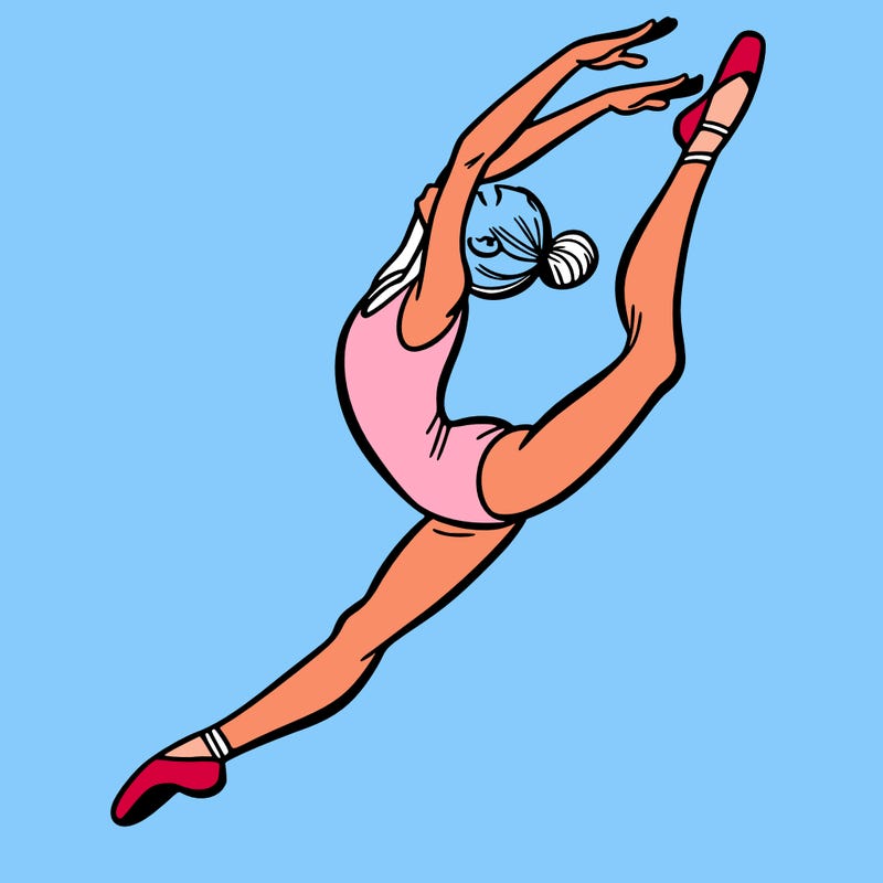 gymnast doing a leap in a leotard with a bent back leg