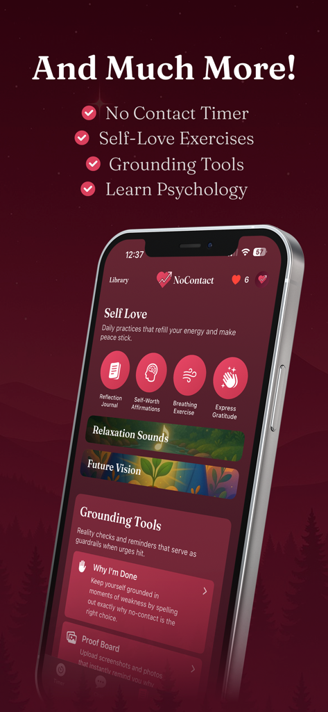 NoContact App-Oberfläche zeigt Selbstliebe-Übungen und Erdungswerkzeuge zur Erholung von der Trennung.