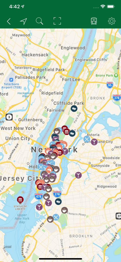 ColletteCompass - Interactive map in the ColletteCompass app showing points of interest and landmarks in New York City