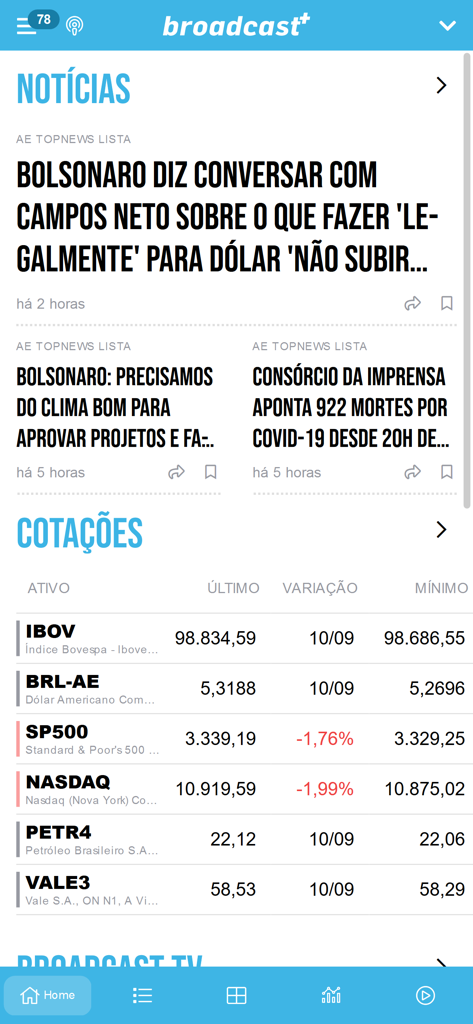 Broadcast+ - Interfaccia dell'app mobile Broadcast Plus che mostra titoli di notizie finanziarie e una tabella di quotazioni di mercato in tempo reale inclusi IBOV e NASDAQ