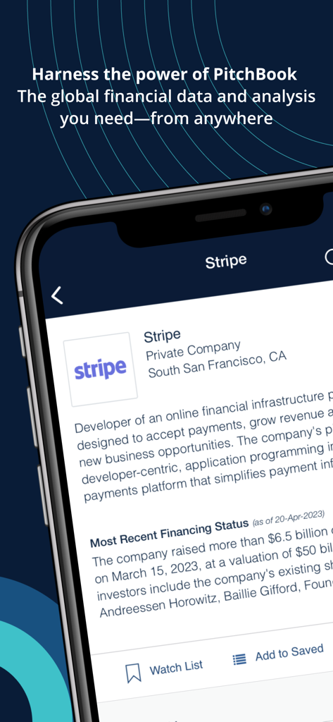 PitchBook Mobile app displaying the private company profile and financing status for Stripe.