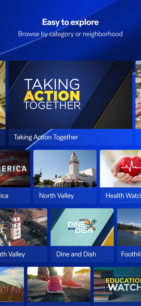 ABC30 Central CA - Pantalla de exploración de la aplicación ABC30 Central CA que muestra categorías de noticias locales y vecindarios