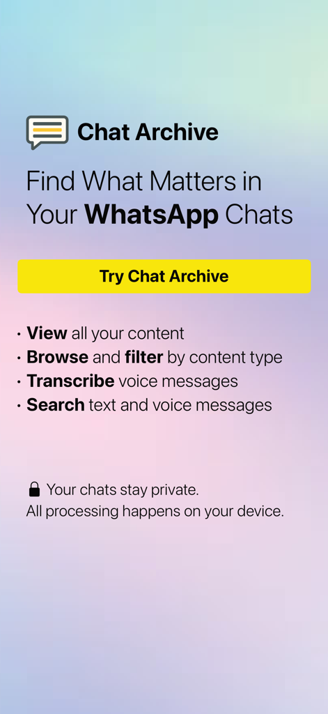 Chat Archive – WhatsApp Backup - Chat Archive app landing page showing WhatsApp search and voice message transcription features