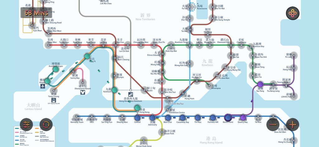 Bilingual Hong Kong MTR subway map interface showing transit lines and travel time calculation