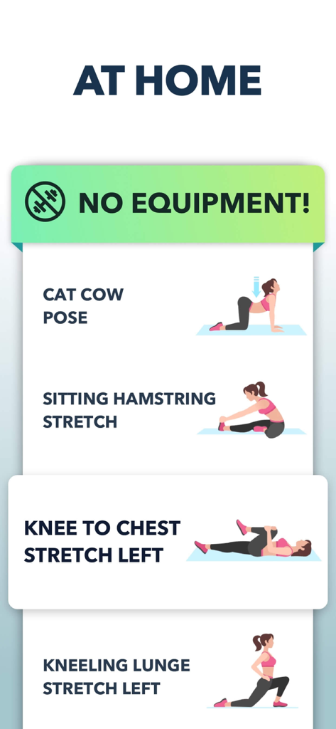 Stretching at Home, Mobility - 운동 기구가 없는 다양한 맨몸 운동을 보여주는 집에서 스트레칭 앱 화면