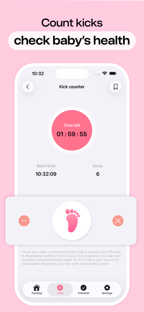 Pregnancy Tracker, Due Date - Interfaz de la aplicación Pregnancy Tracker que muestra una herramienta de contador de patadas fetales para monitorear el movimiento del bebé.