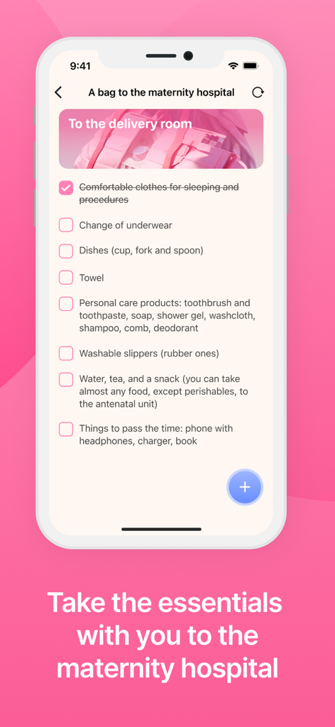 Maternity hospital bag checklist showing essentials for the delivery room