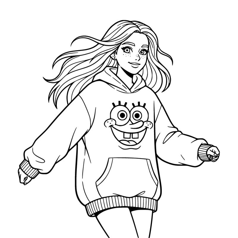 sponge bob on a girls  hoodie with long hair