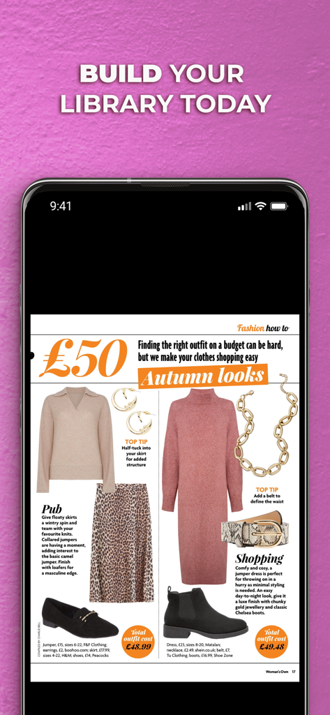 A fashion guide page in the Woman's Own app showcasing budget-friendly autumn outfits for women over 40.