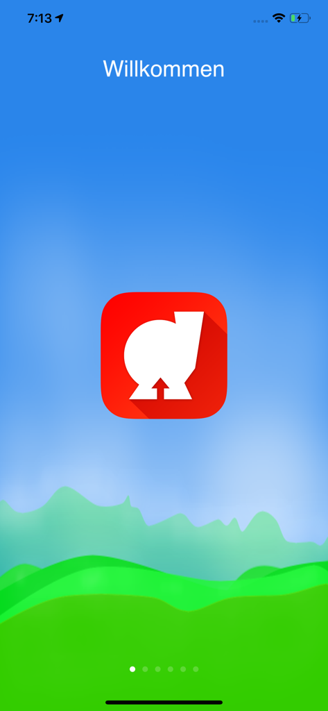 Feuerwehr Wasserförderung - Startbildschirm der Feuerwehr Wasserförderung-App mit dem Logo und einer Landschaftsillustration