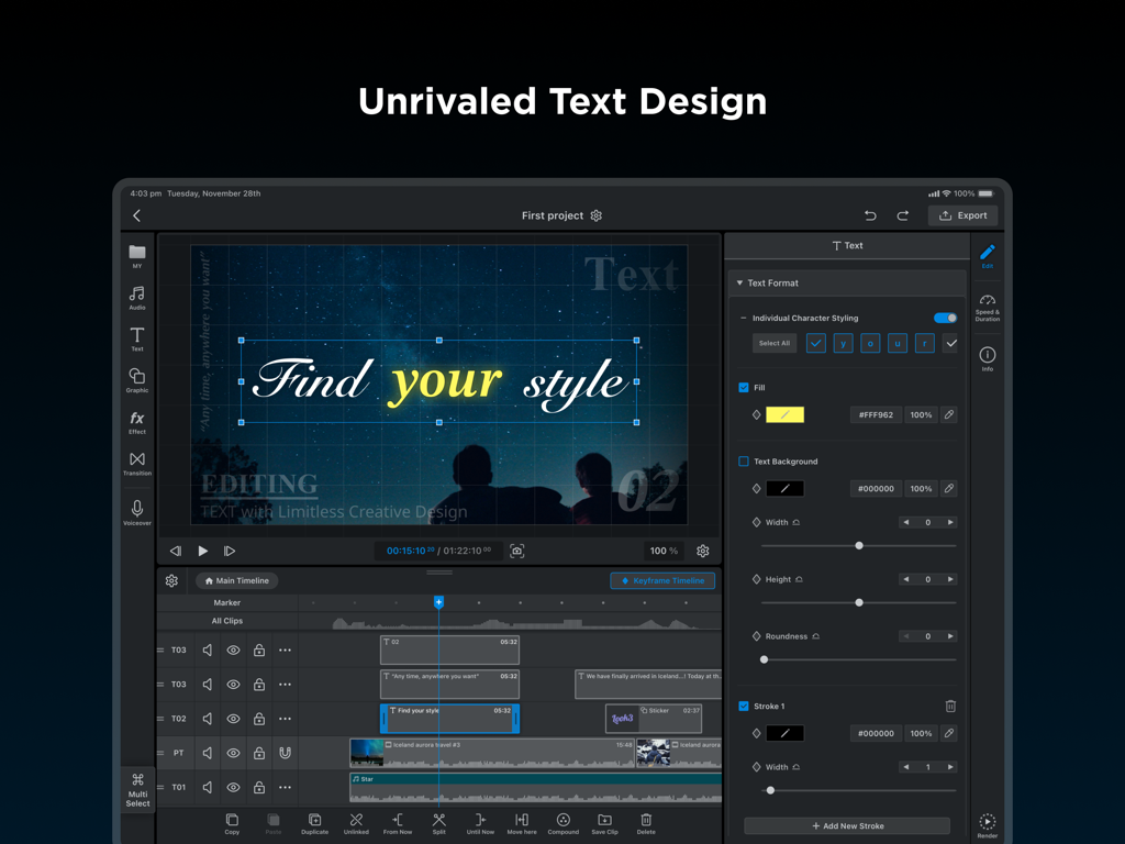 Editor de vídeo WEILO para iPad mostrando design de texto profissional e recursos de estilização de caracteres individuais