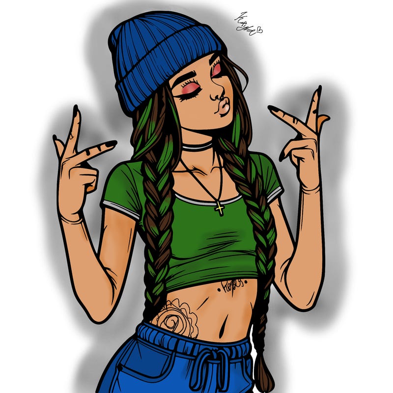 realistic teenage girl with braids and a beanie and crop top doing 🫶🏼